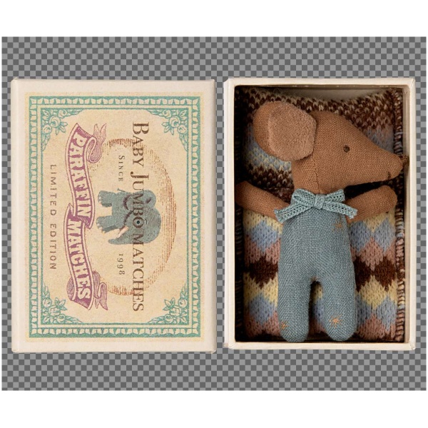 Maileg Sleepy wakey baby mouse in matchbox - Blue